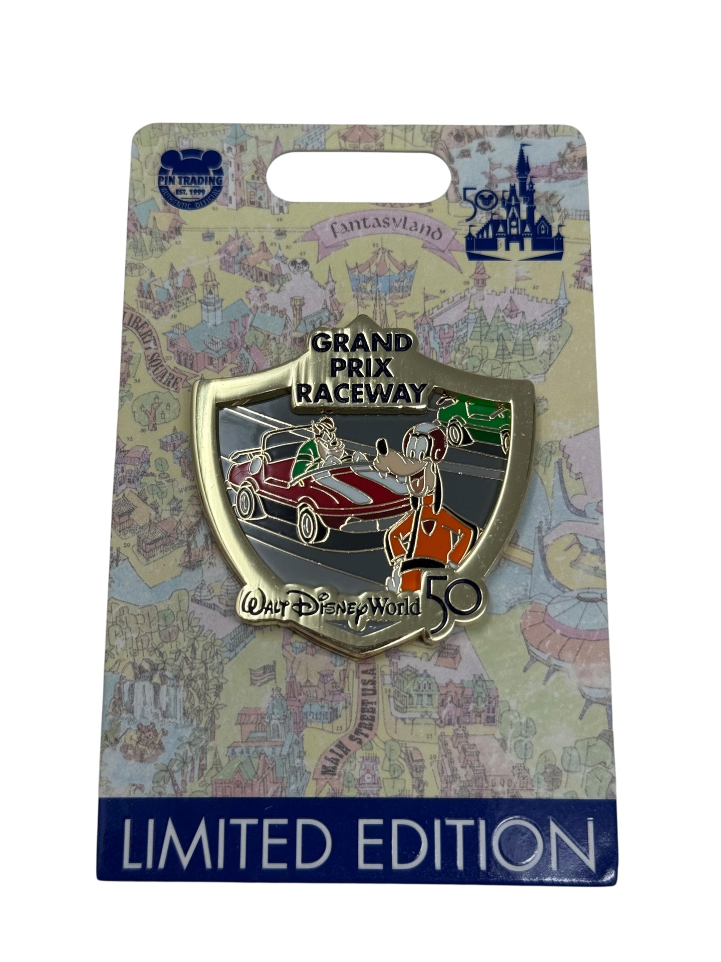 Disney World 50th Anniversary Attraction Crest Pin - Grand Prix Raceway-Goofy