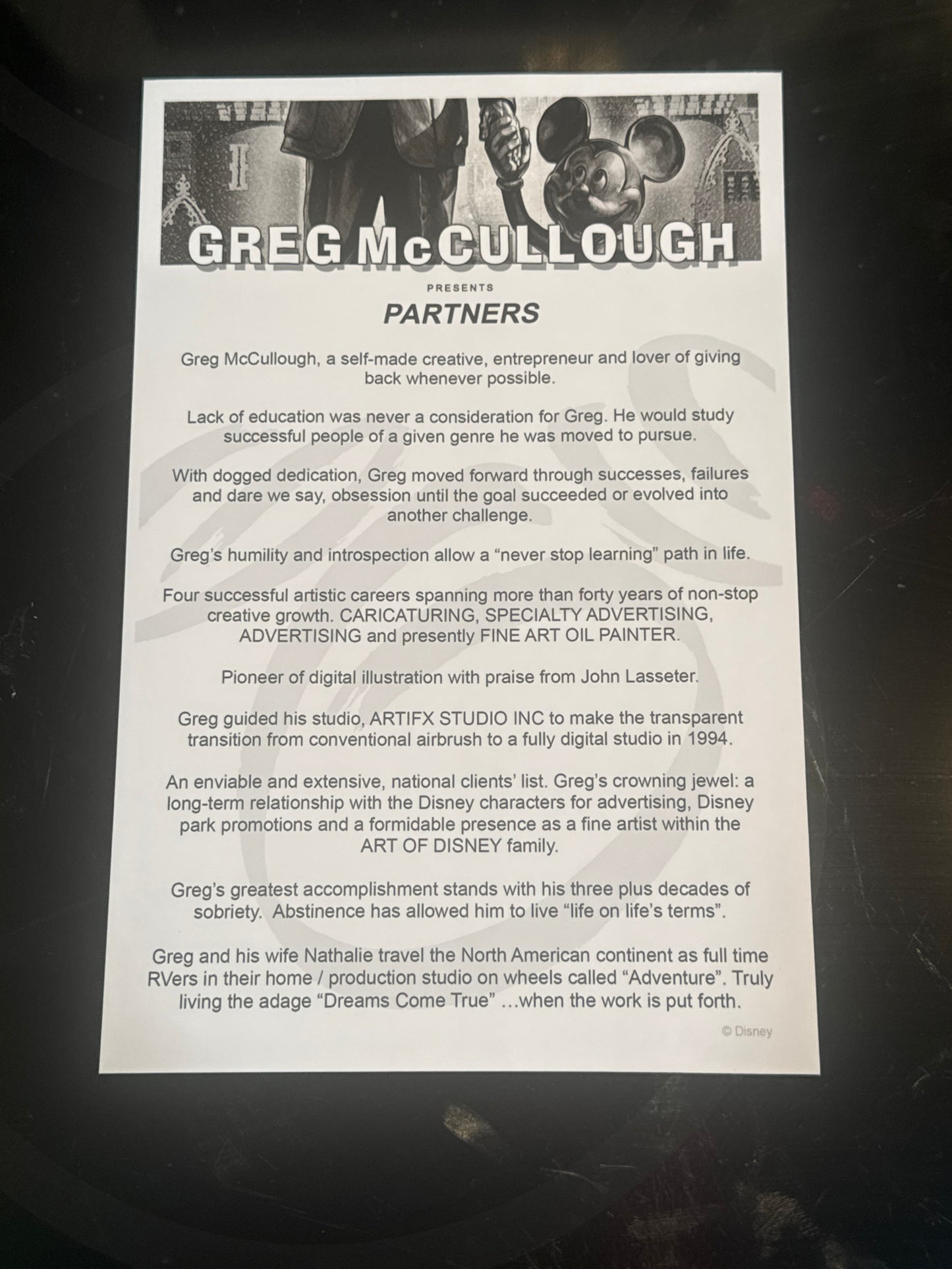 Disney “Partners” Charcoal 14x18” Matted Print signed by Greg McCullough