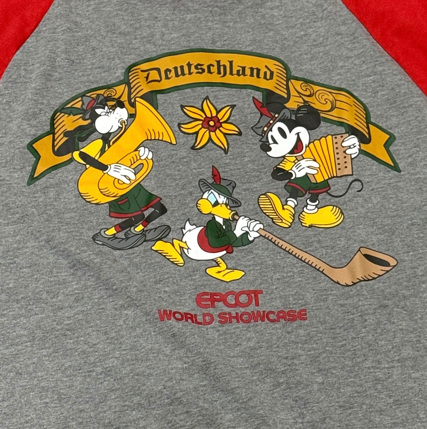 Disney Epcot Germany Deutschland Mickey, Donald, Goofy Raglan Shirt World Showcase