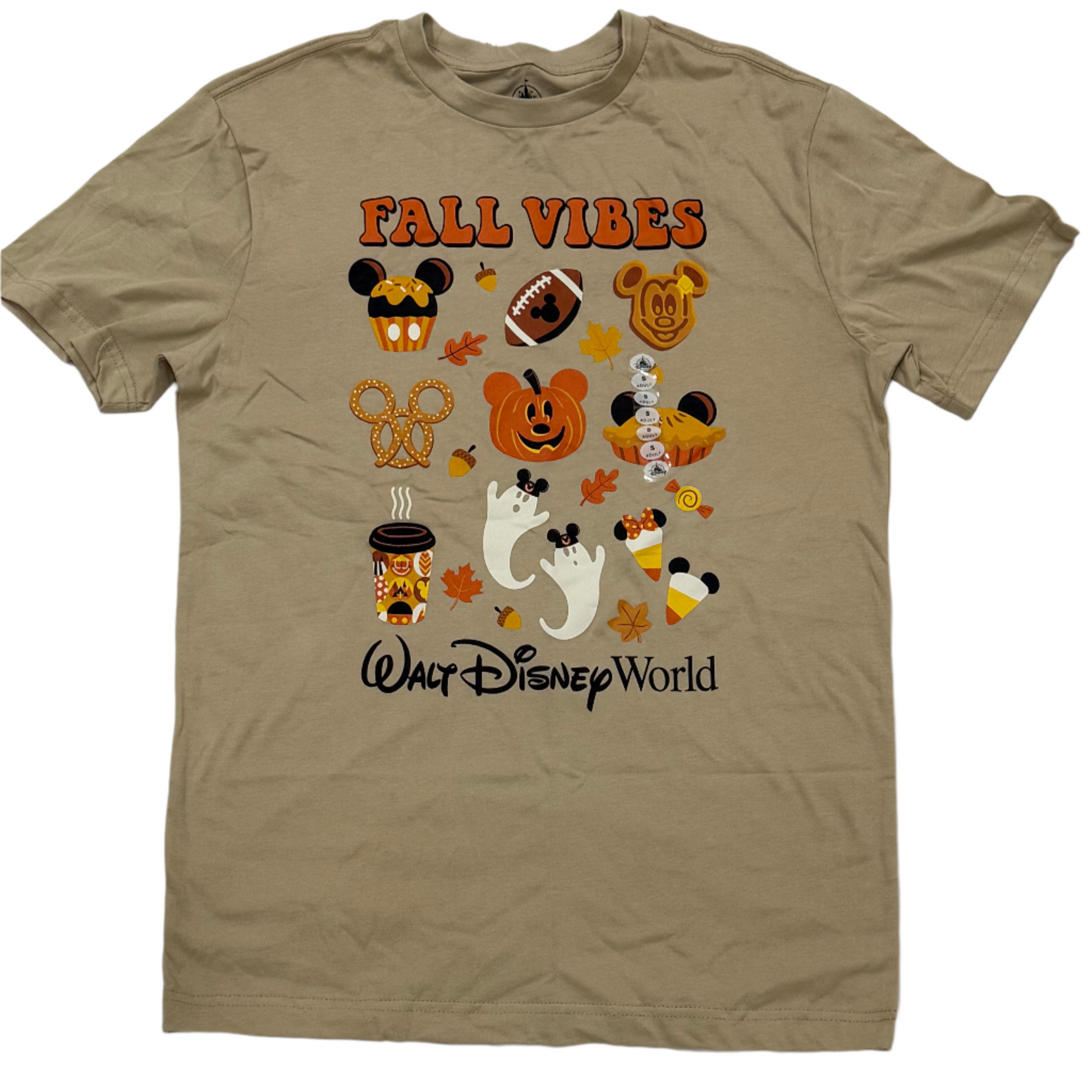 Beige t-shirt with 'Fall Vibes' and 'Walt Disney World' graphics on a white background