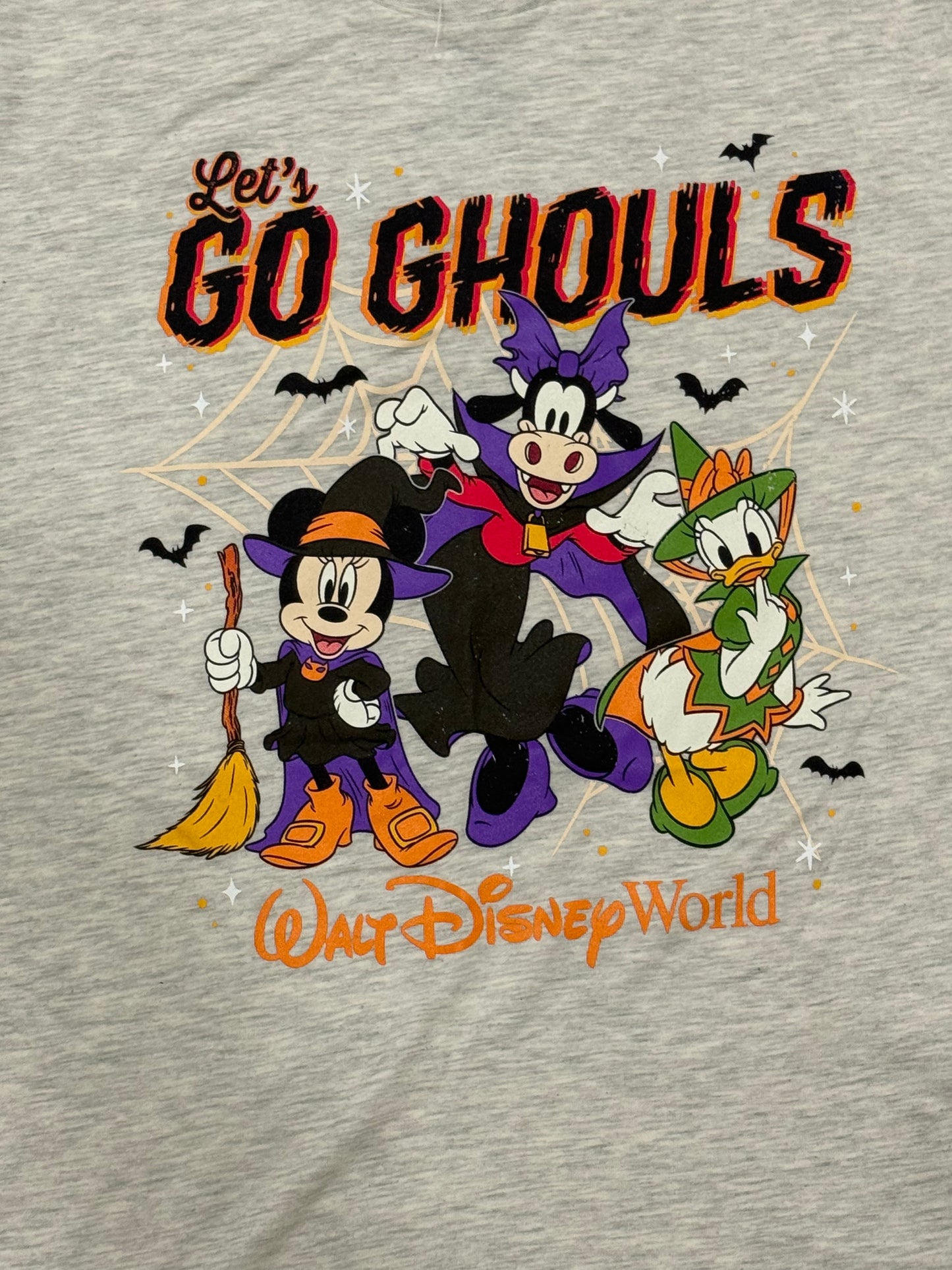 Gray t-shirt with Halloween-themed design featuring cartoon characters and 'Let's Go Ghouls' text, inspired by Walt Disney World.