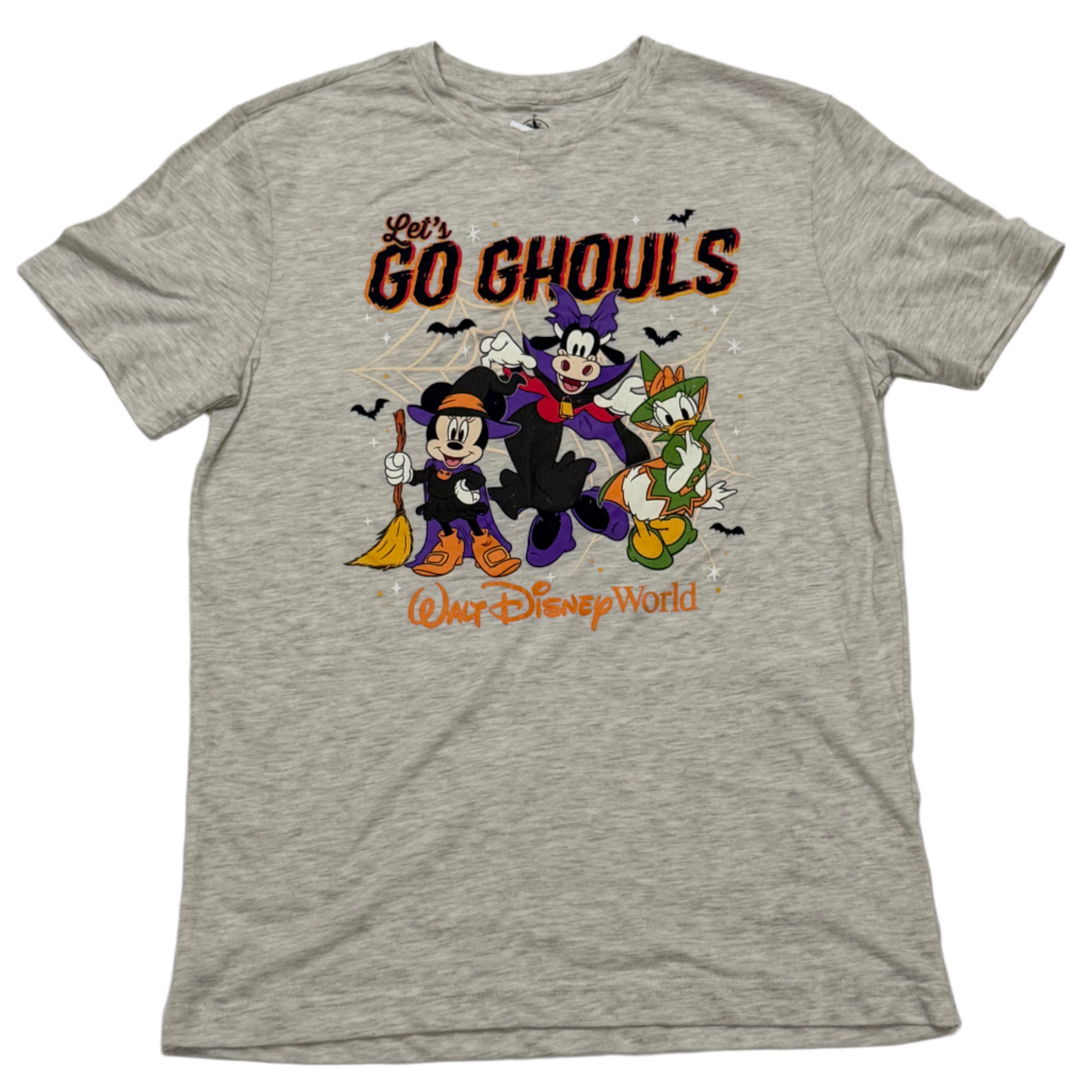 Gray t-shirt with Halloween-themed graphic featuring cartoon characters and text on a light gray background.