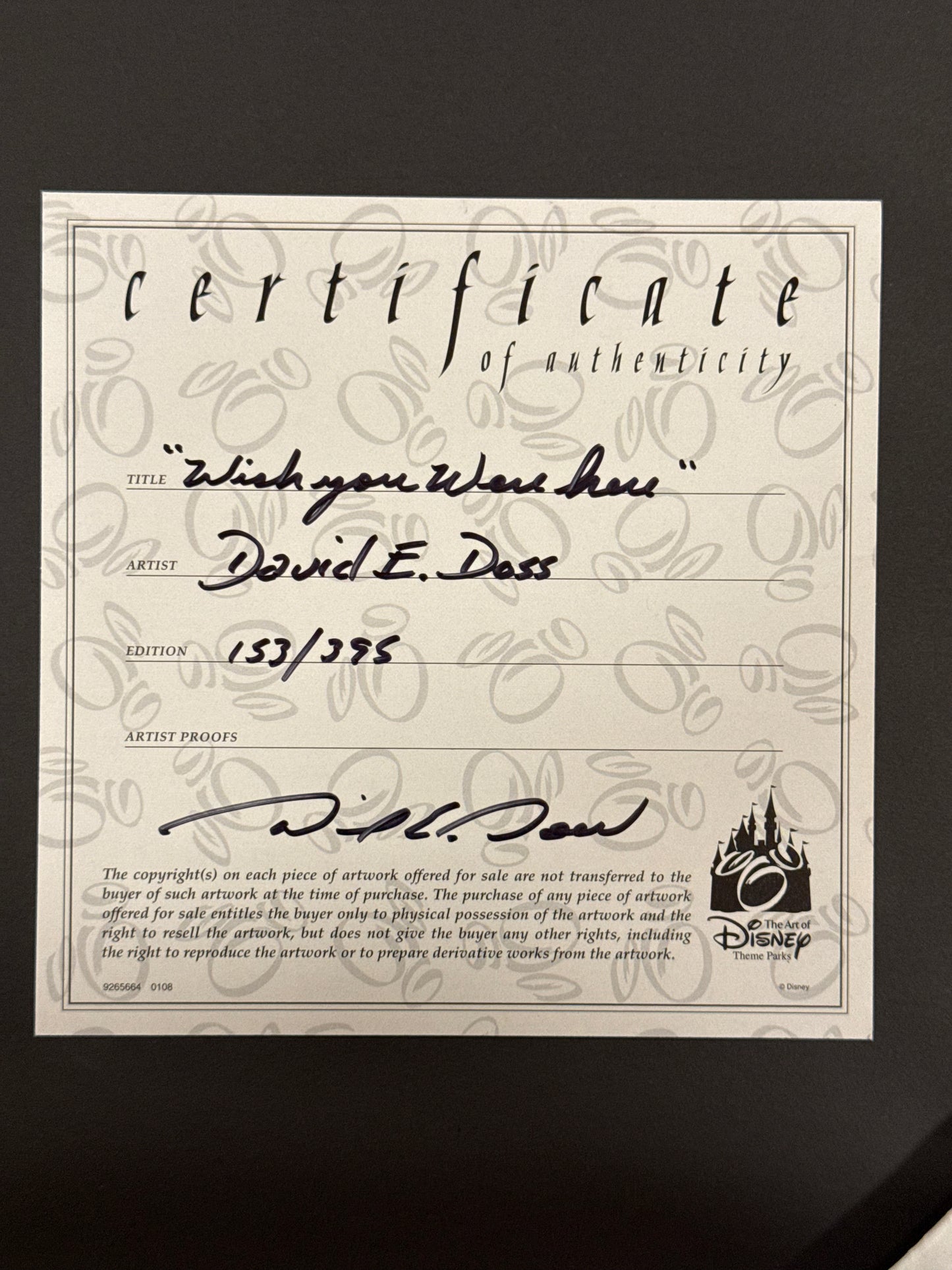 Disney “Wish You Were Here” by David Doss Framed Gilee 153/395