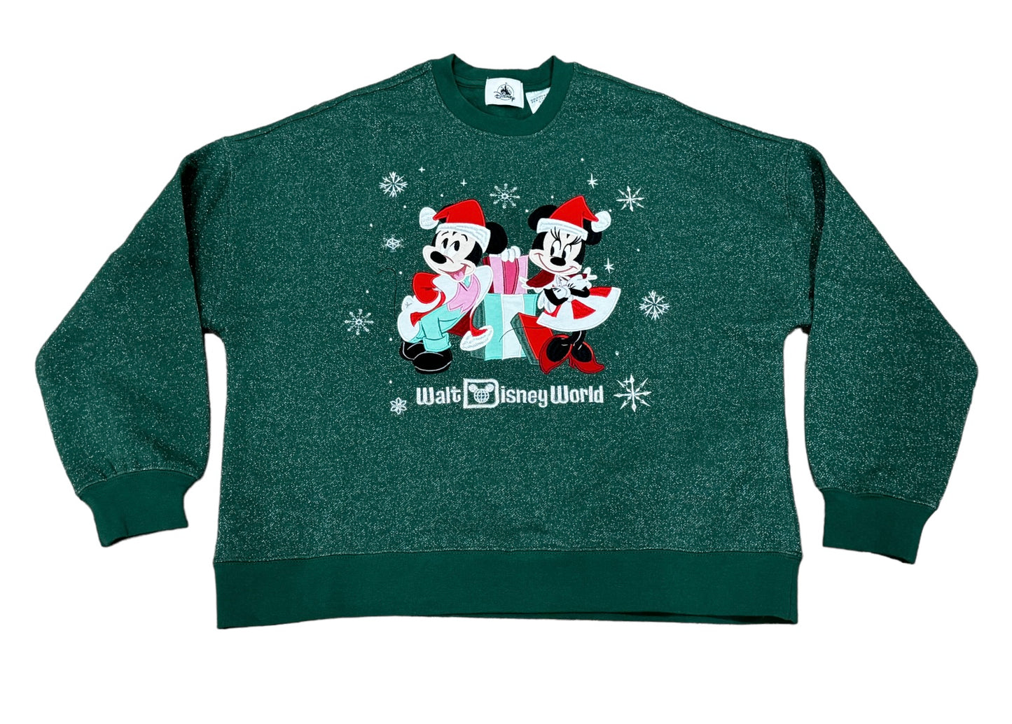 Walt Disney World Mickey & Minnie Embroidered Christmas Pullover Sweatshirt-Green Glitter