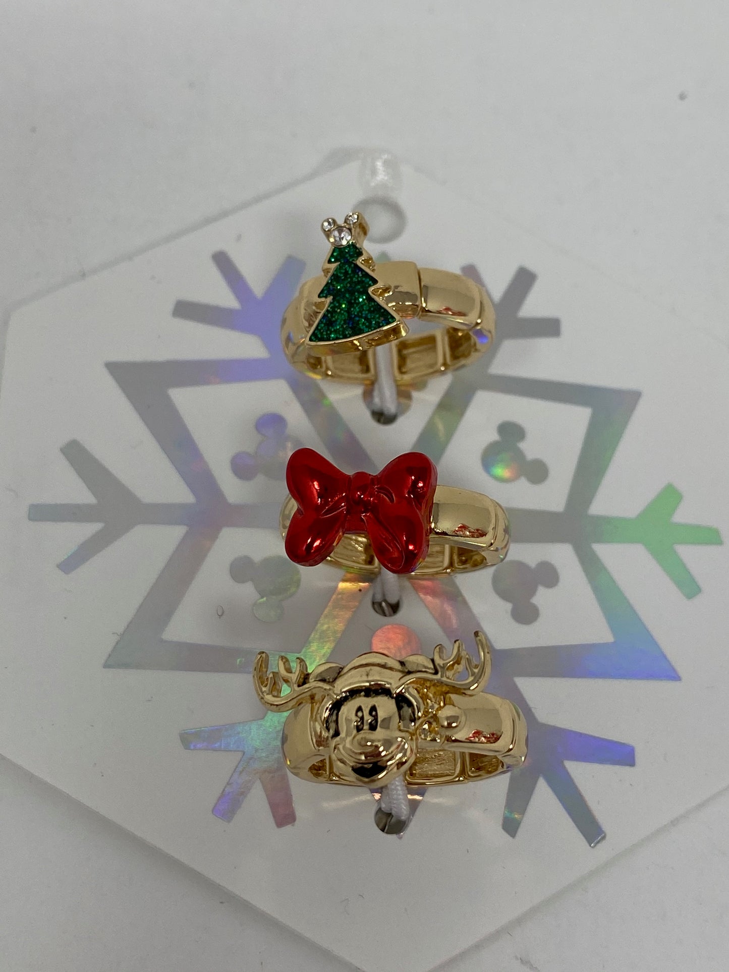 Disney Minnie Bow, Mickey Moose, and Glitter Christmas Tree Stretchy Rings