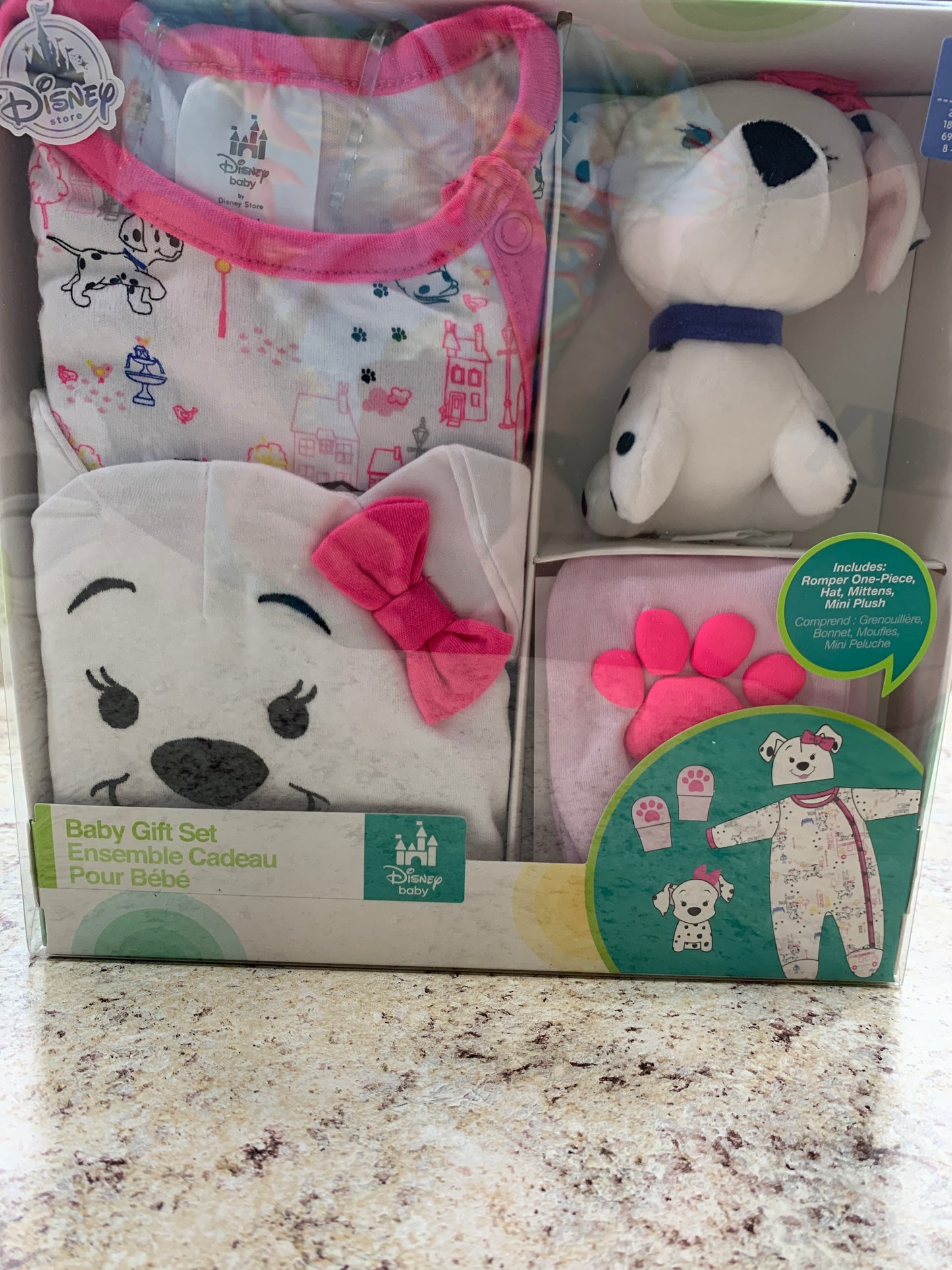 Disney Baby Girl Dalmatian 4 Piece Set-Romper, Hat, Mittens, & Mini Plush