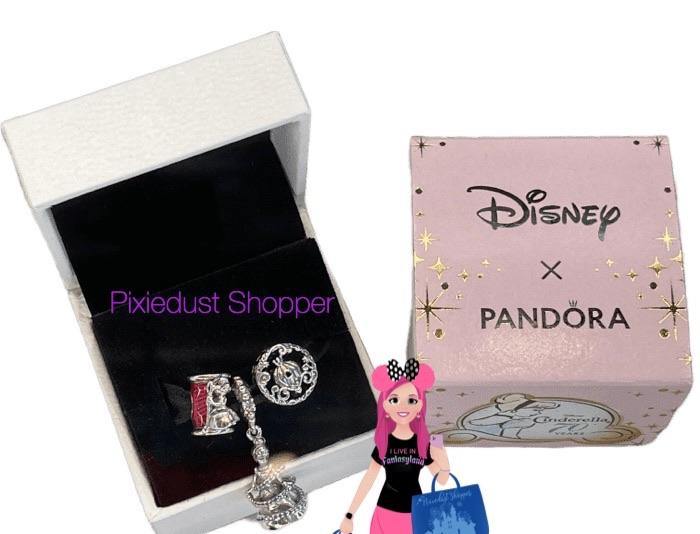 Disney Cinderella 70th Anniversary 3 Charm Pandora Set- Pumpkin/Clock, Dangle Cinderella, Spool of Thread with Perla - World of Treasures
