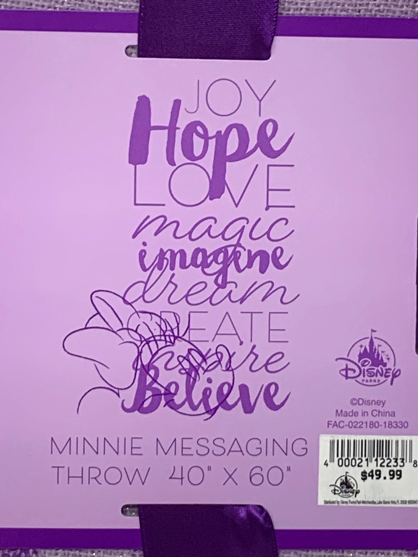 Disney Minnie Purple Sparkle Messaging Throw Blanket 40” x 60”
