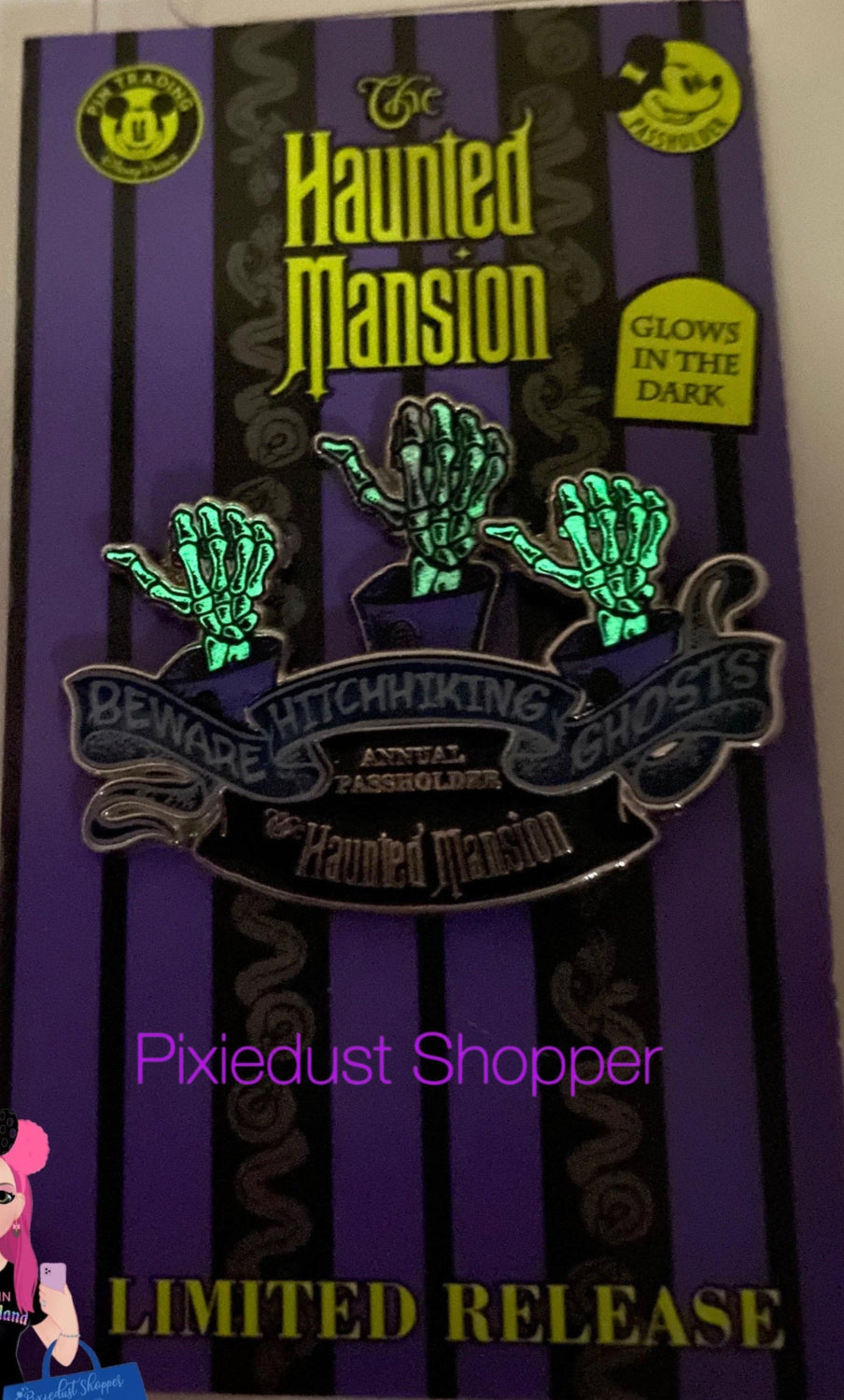 Disney Haunted Mansion Beware of a Hitchhiking Ghosts Glow in the Dark AP Pin-Limited Release - World of Treasures