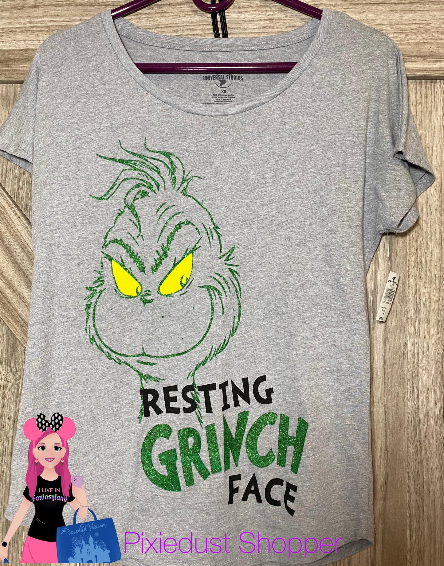 Universal Studios Resting Grinch Face Glitter Ladies Shirt - World of Treasures
