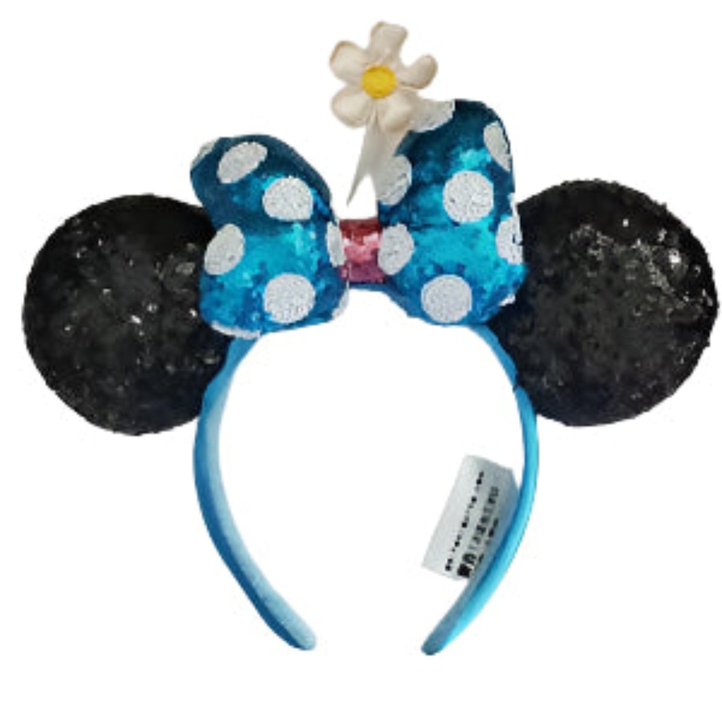 Disney Minnie Mouse Sequin Blue and White Polka Dot Bow with Daisy Ear Headband