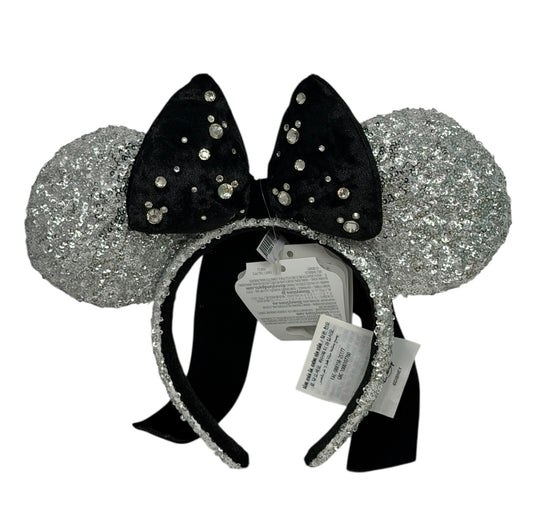 Disney Mickey Silver Black Velvet Bow Minnie Ear Headband-New Years