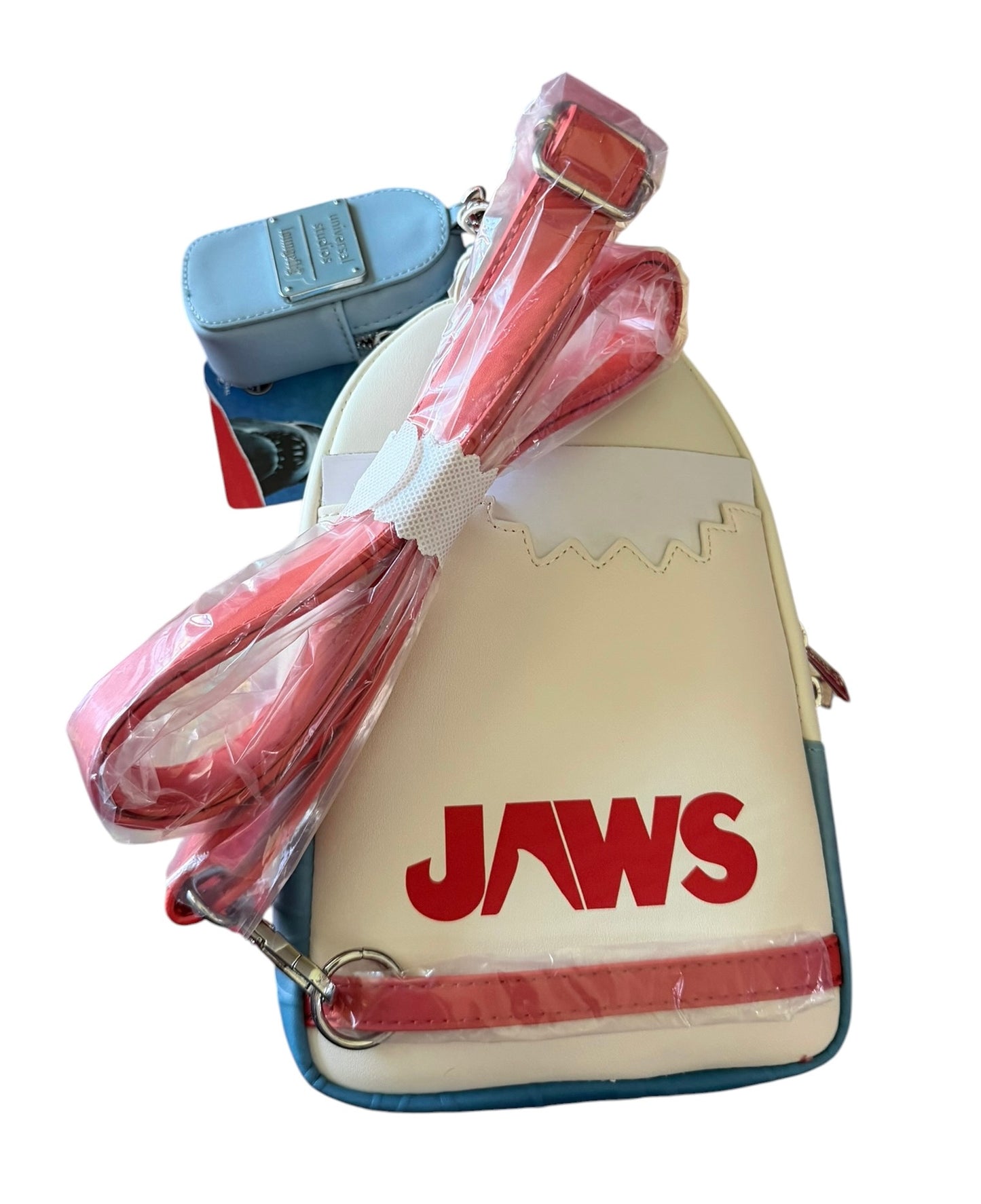 Universal Studios Exclusive Loungefly Jaws Compact Sling Bag with attached coin purse