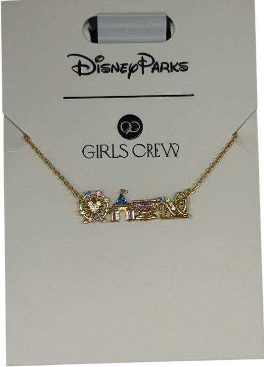 Disneyland Icons Necklace Girls Crew-Castle, Wheel, California Adventure