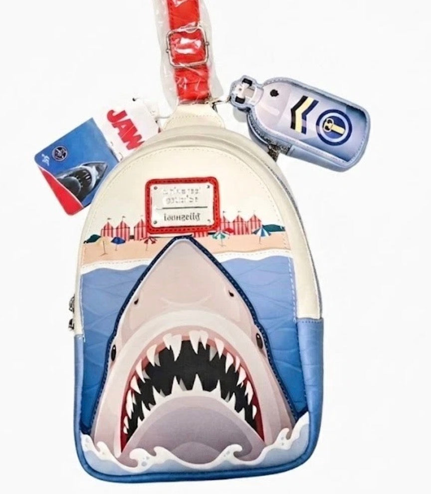 Universal Studios Exclusive Loungefly Jaws Compact Sling Bag with attached coin purse