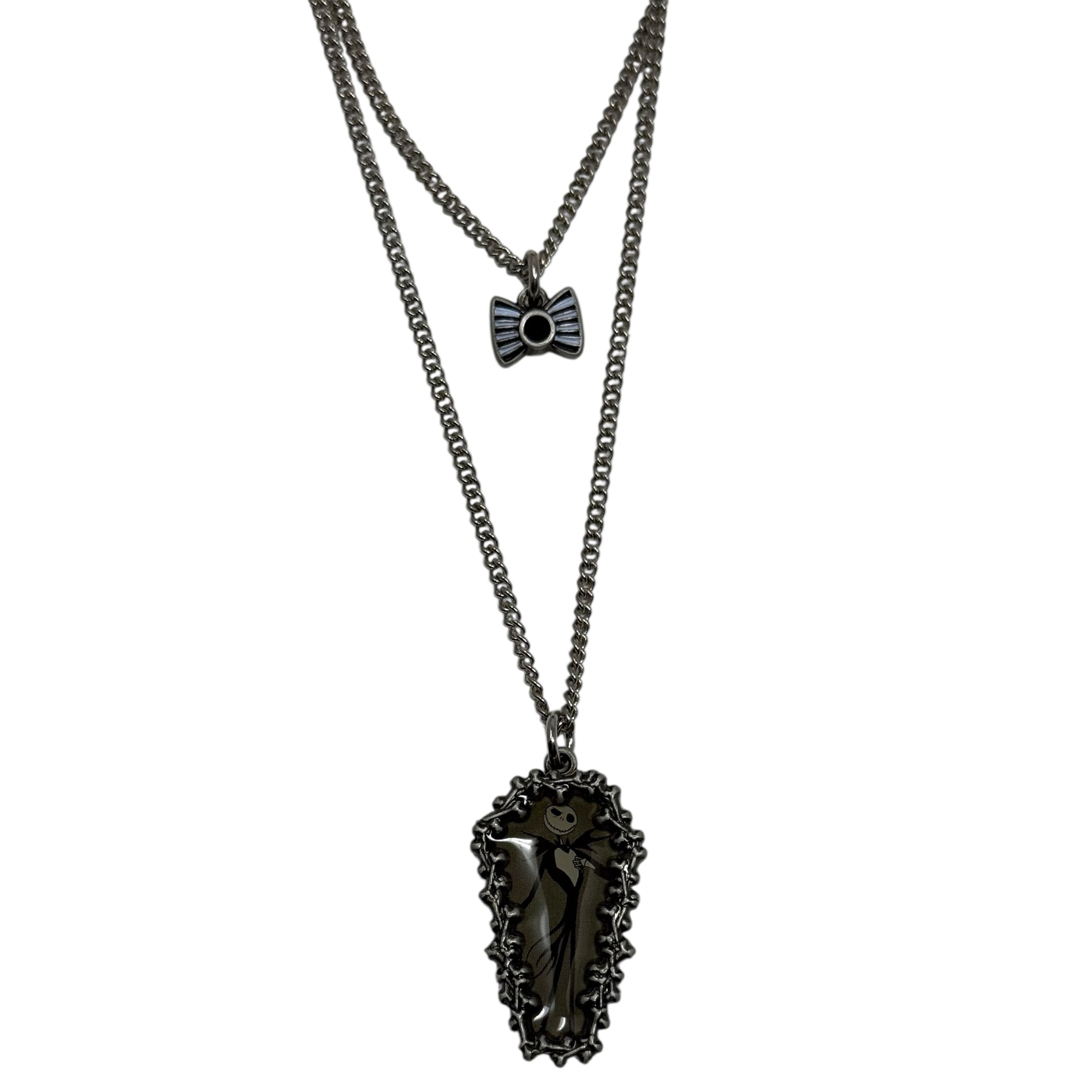 Black pendant necklace on a white background