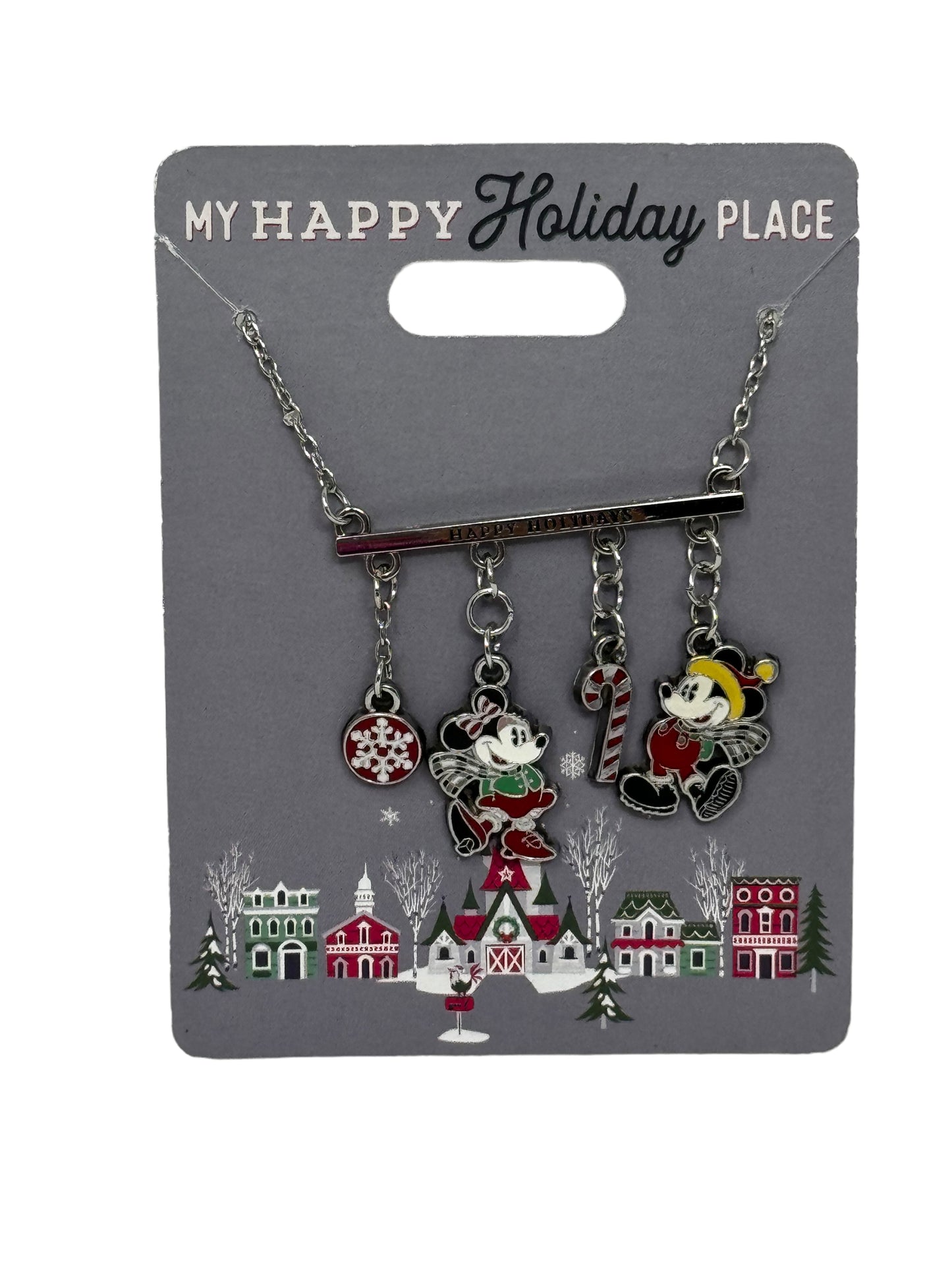 Disney Mickey, Minnie, Candy Cane, Snowflake-Happy Holidays Necklace