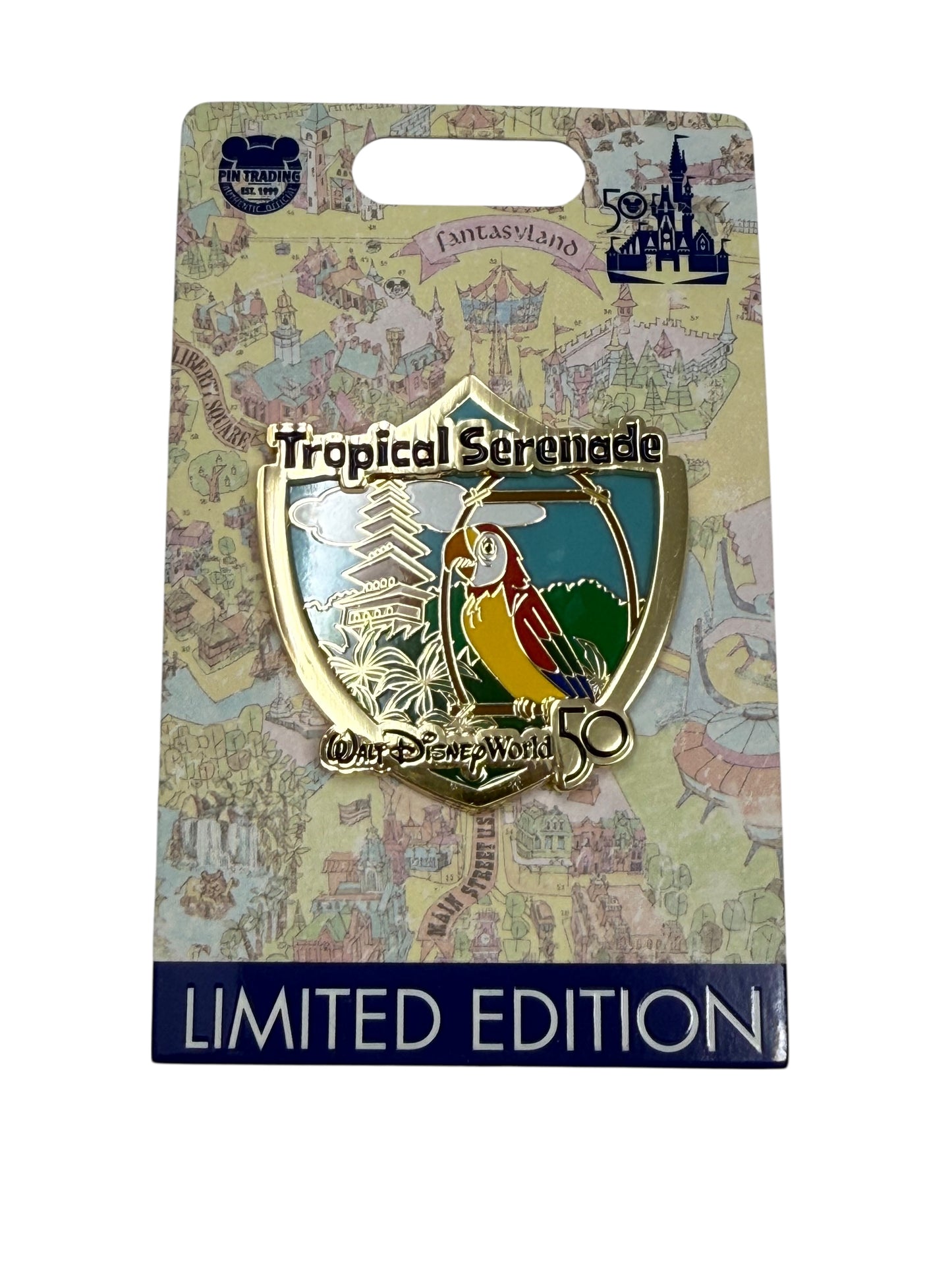 Disney World 50th Anniversary Attraction Crest Pin -Tropical Serenade LE Tiki Bird