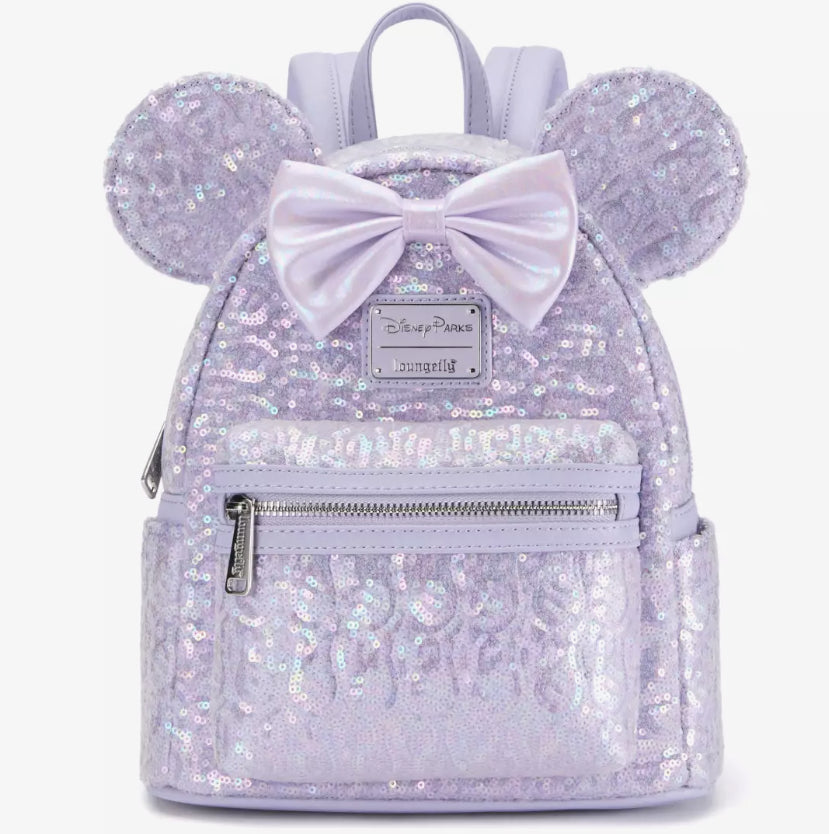 disney minnie mouse silver and pink sequin mini backpack Disney Minnie Mouse Sequined Loungefly Mini Backpack – Opalescent Purp – World of Treasures