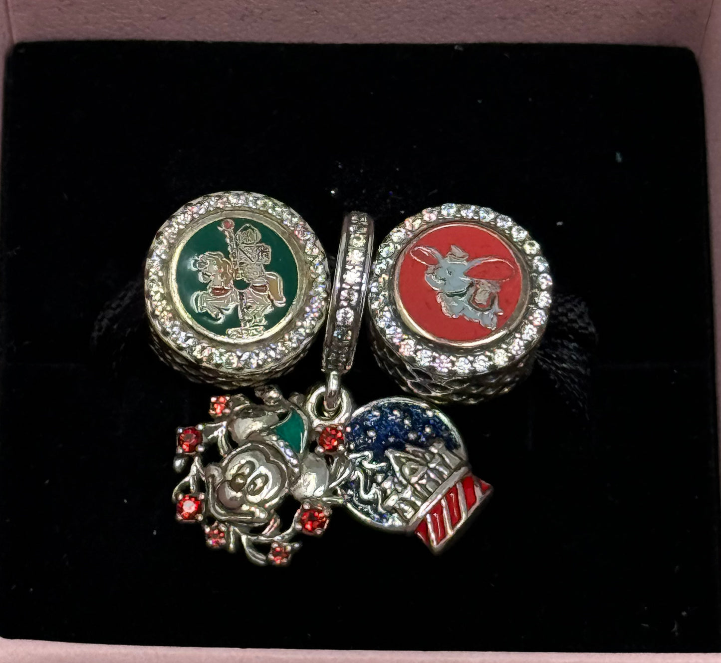 Disney Mickey Snowglobe, Dumbo, Carousel, Teacups Pandora 3 Charm Set-2024 Christmas Holiday