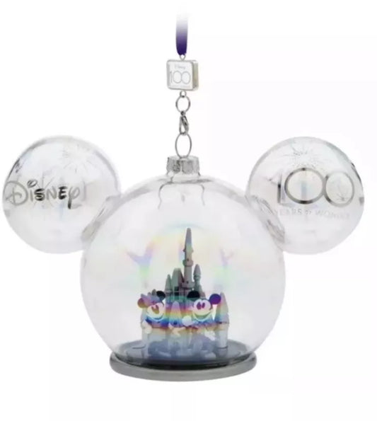 Disney World Cinderella Castle Mickey & Minnie Glass Ornament Disney100