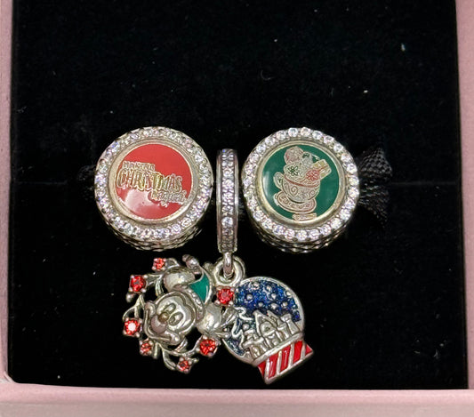 Disney Mickey Snowglobe, Dumbo, Carousel, Teacups Pandora 3 Charm Set-2024 Christmas Holiday