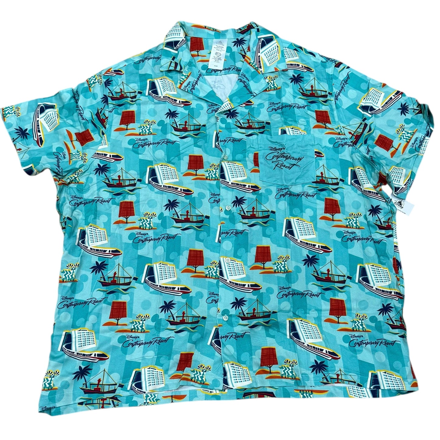 Hawaiian shirt with cruise ship and palm tree pattern on a blue background