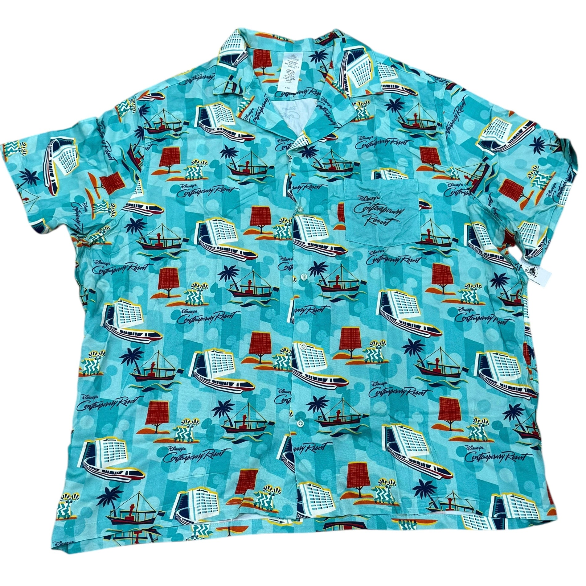 Hawaiian shirt with cruise ship and palm tree pattern on a blue background