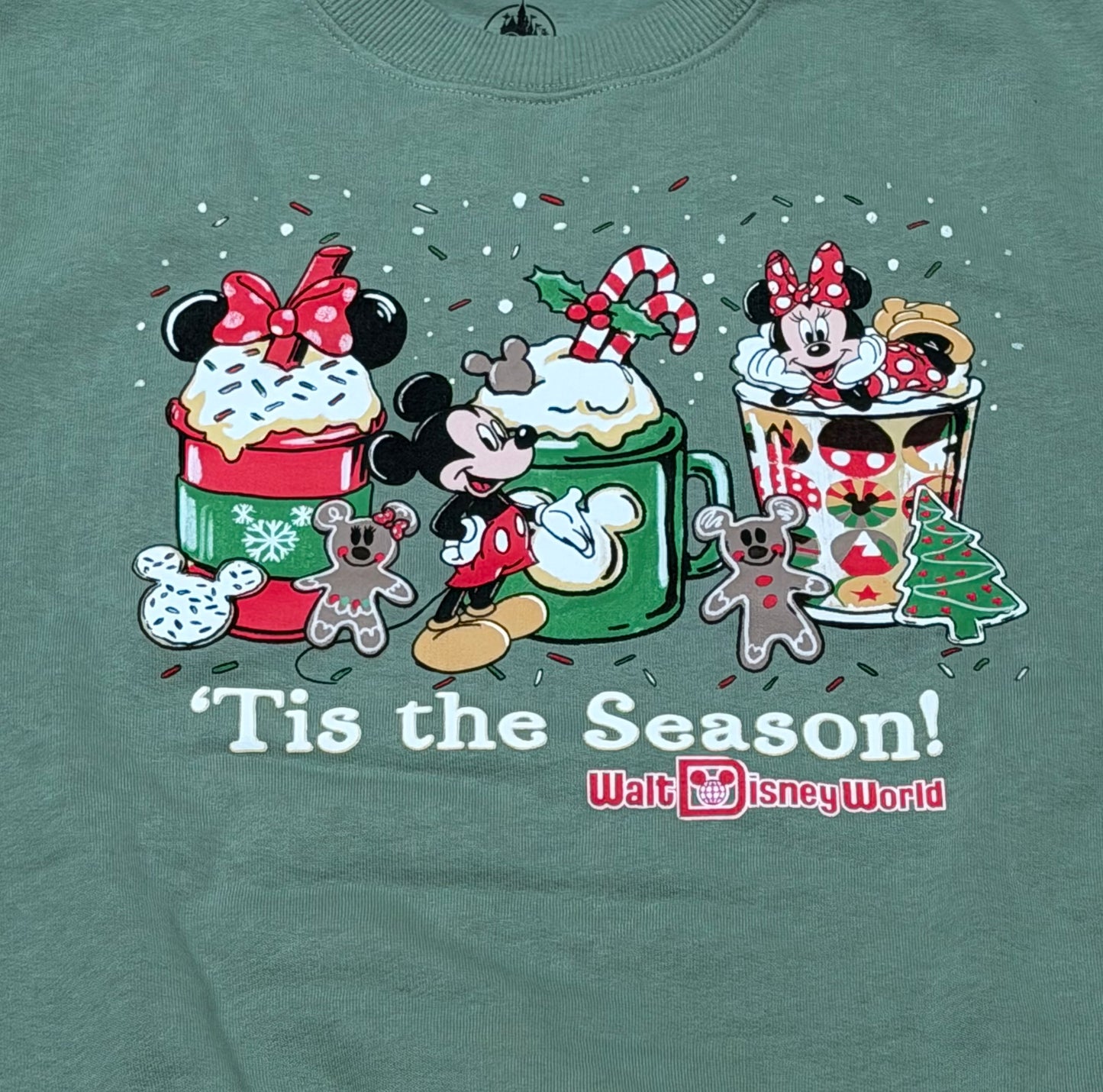 Walt Disney World Tis the Season Pullover Green Mickey & Minnie cocoa Large