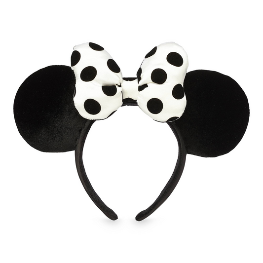 Disney Black Velvet with White and Black Polka Dot Satin Bow Minnie Ear Headband