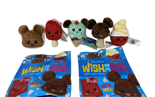 Disney Parks Food Series Wishables Full Set Plush-Mickey Bar, Sandwich, Dole Whip, Mint Chip, Popsicle