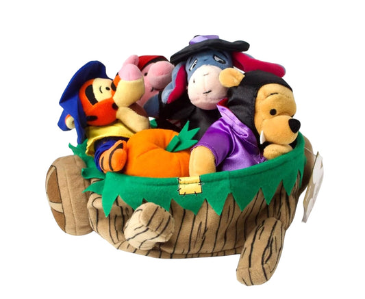 Disney Store Winnie The Pooh Plush Set Wheelbarrow Halloween Bean Bag Set NWT