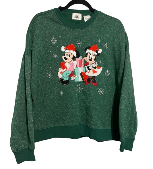 Disney Mickey & Minnie Embroidered Christmas Pullover Sweatshirt-Green Glitter XL