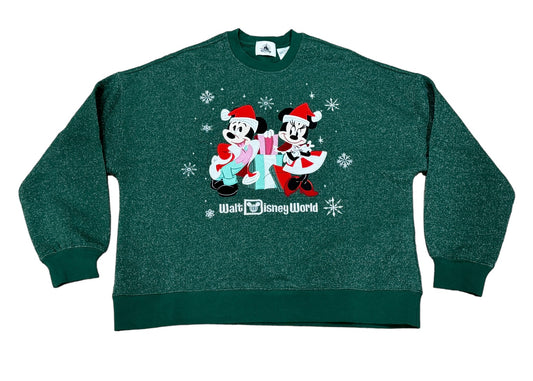Walt Disney World Mickey & Minnie Embroidered Christmas Pullover Sweatshirt-Green Glitter
