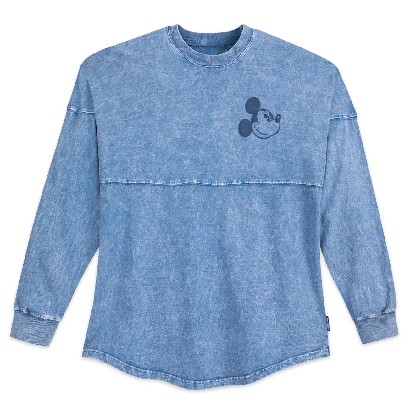 Blue long-sleeve shirt with a Mickey Mouse logo on a white background