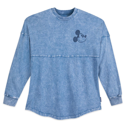 Blue long-sleeve shirt with a Mickey Mouse logo on a white background