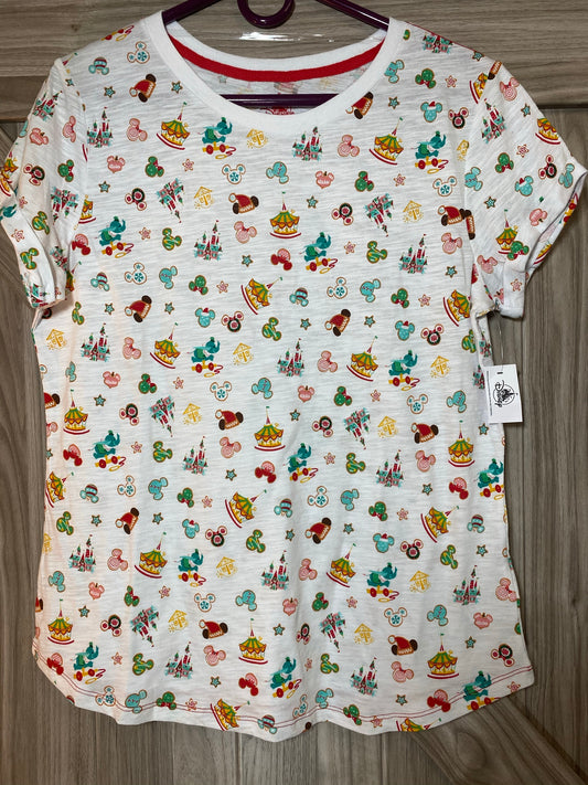 Disney Mickey and Minnie Holiday Christmas Snack Magic Kingdom Icon Ladies Shirt