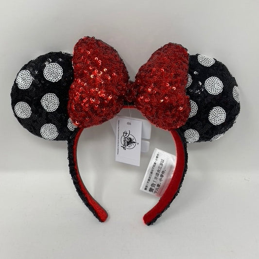 Disney Black with White Polka Dot Sequin Minnie Ear Headband with Red Puffy Sequ