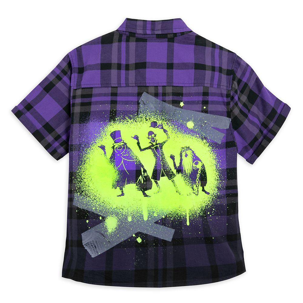 Disney Haunted Mansion Hitchhiking Ghosts Woven Plaid Flannel Shirt for Women by Her Universe - World of Treasures