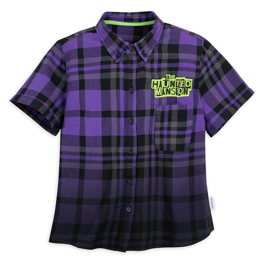 Disney Haunted Mansion Hitchhiking Ghosts Woven Plaid Flannel Shirt for Women by Her Universe - World of Treasures