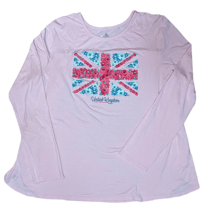 Disney Epcot United Kingdom World Showcase Rose UK Flag Pink Long Sleeve Shirt