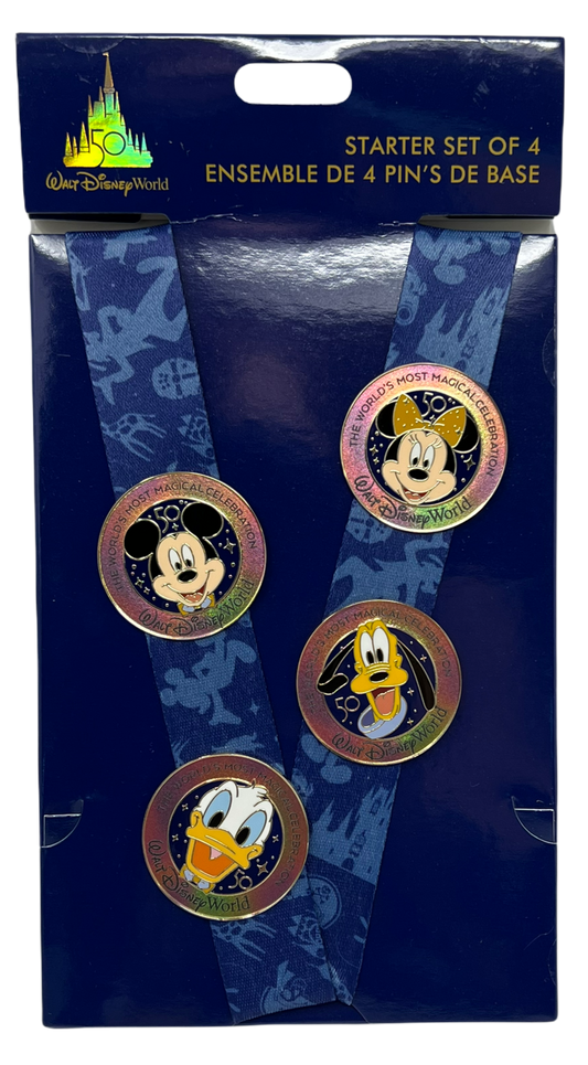 Walt Disney World 50th Anniversary Mickey & Friends Starter Pin Lanyard Set