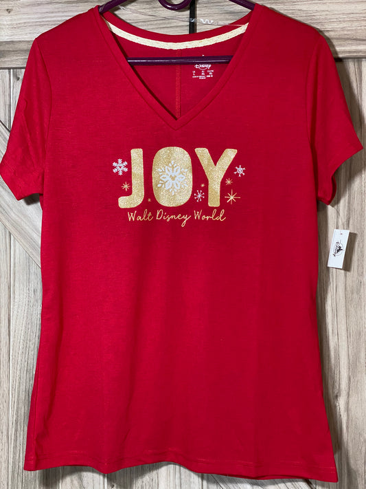 Walt Disney World Mickey Snowflake Glitter Joy V Neck Women’s Shirt