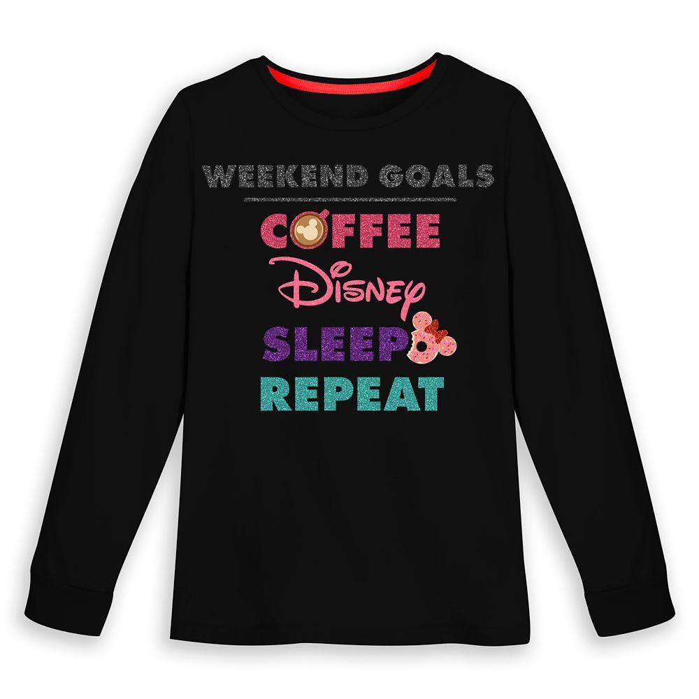 Disney Weekend Goals Coffee, Disney, Sleep, Repeat, Minnie Glitter Logo Long Sleeve T-Shirt for Women - World of Treasures