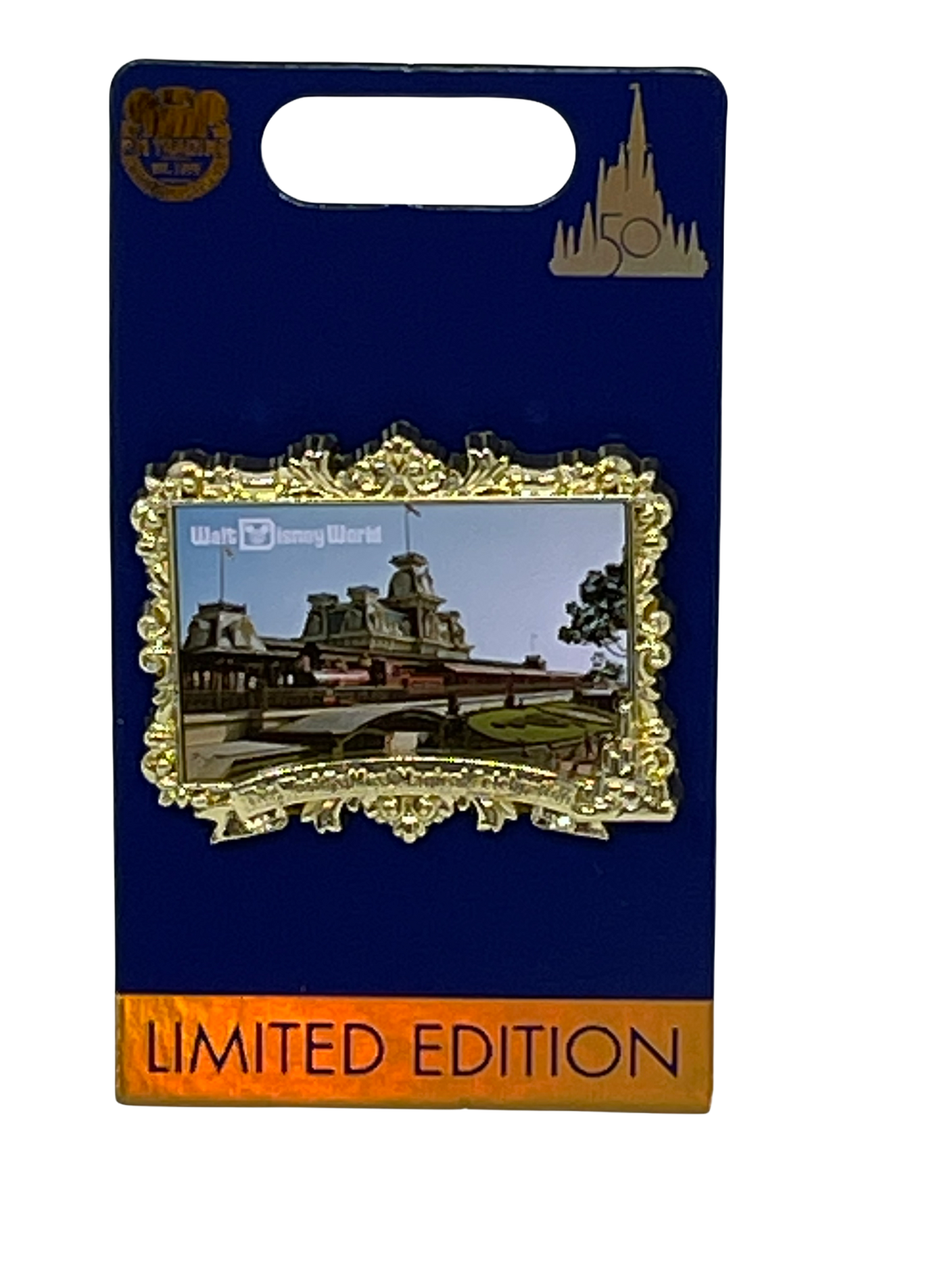 Walt Disney World 50th Anniversary Magic Kingdom Entrance Postcard  Pin