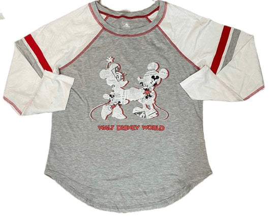 Walt Disney World Mickey and Minnie Mouse Newsprint Raglan Long Sleeve T-Shirt f
