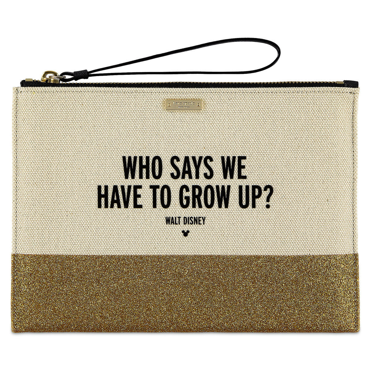 Disney Kate Spade Canvas Glitter Walt Quote Gold Wristlet