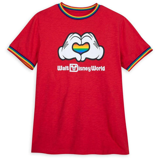 Walt Disney World Rainbow Collection Mickey Mouse Heart Hands Ringer T-Shirt for Adults - World of Treasures