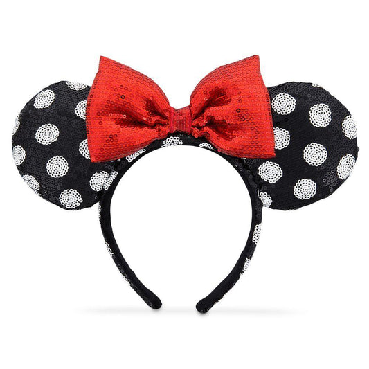 Disney Sequin Black and White Polka Dot Minnie Mouse Ear Headband with Red Bow - World of Treasures