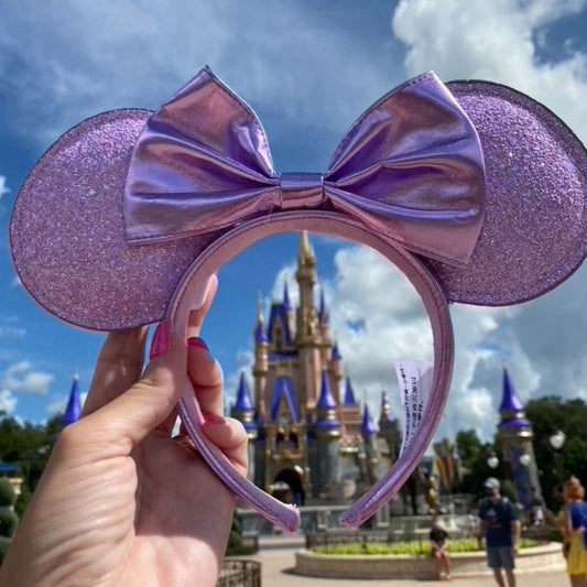 Disney Lilac Sparkle Glitter Minnie Mouse Ear Headband with Metallic Purple Bow